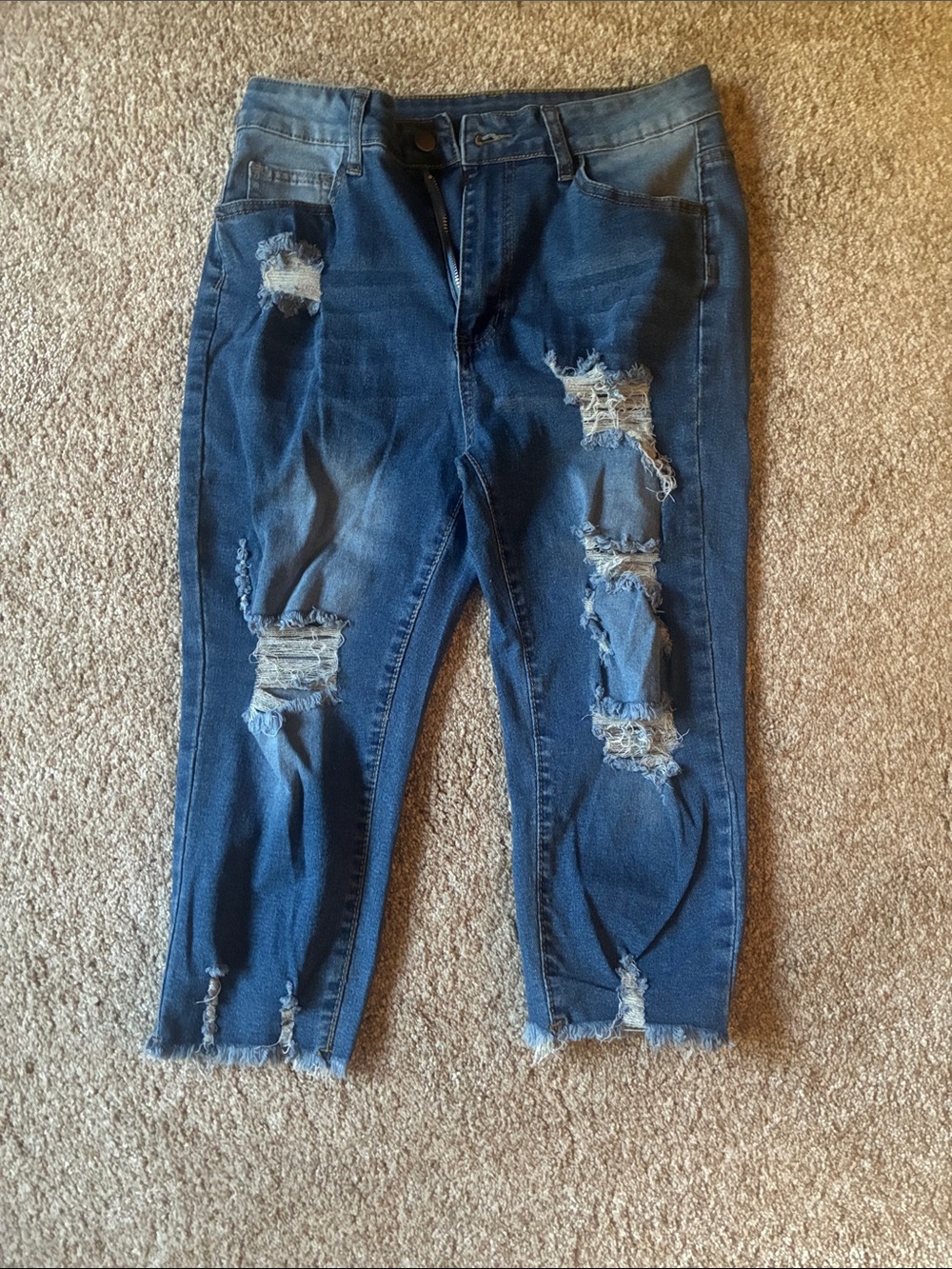 Distressed Dark Blue Ripped Jeans Capri
